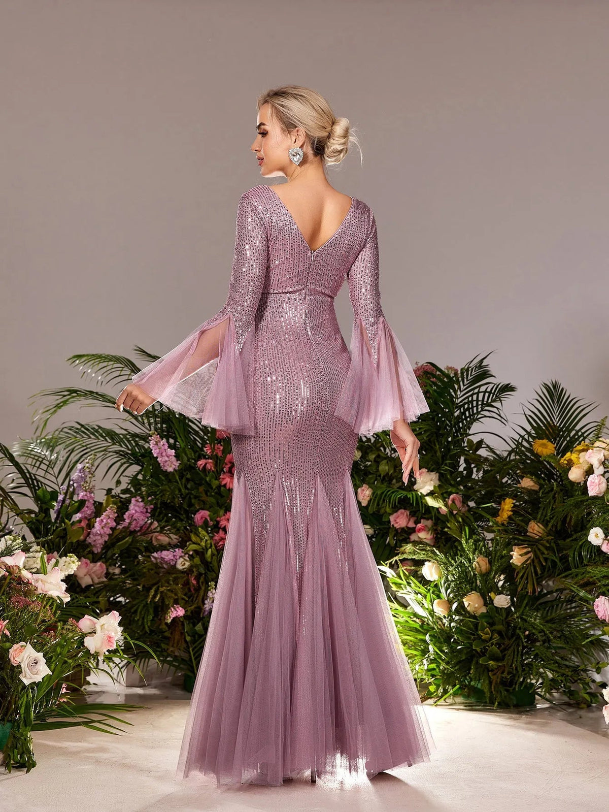 Maternity Plunging Sequin Long-Sleeve Mermaid Evening Gown — authorized product image 2