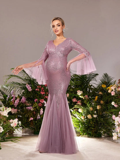 Maternity Plunging Sequin Long-Sleeve Mermaid Evening Gown — authorized product image 4