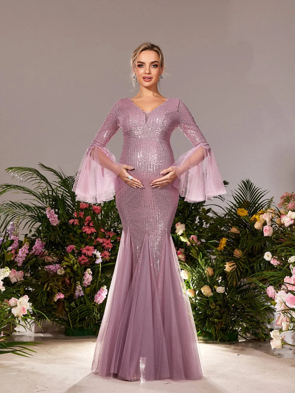 Maternity Plunging Sequin Long-Sleeve Mermaid Evening Gown — authorized product image 3