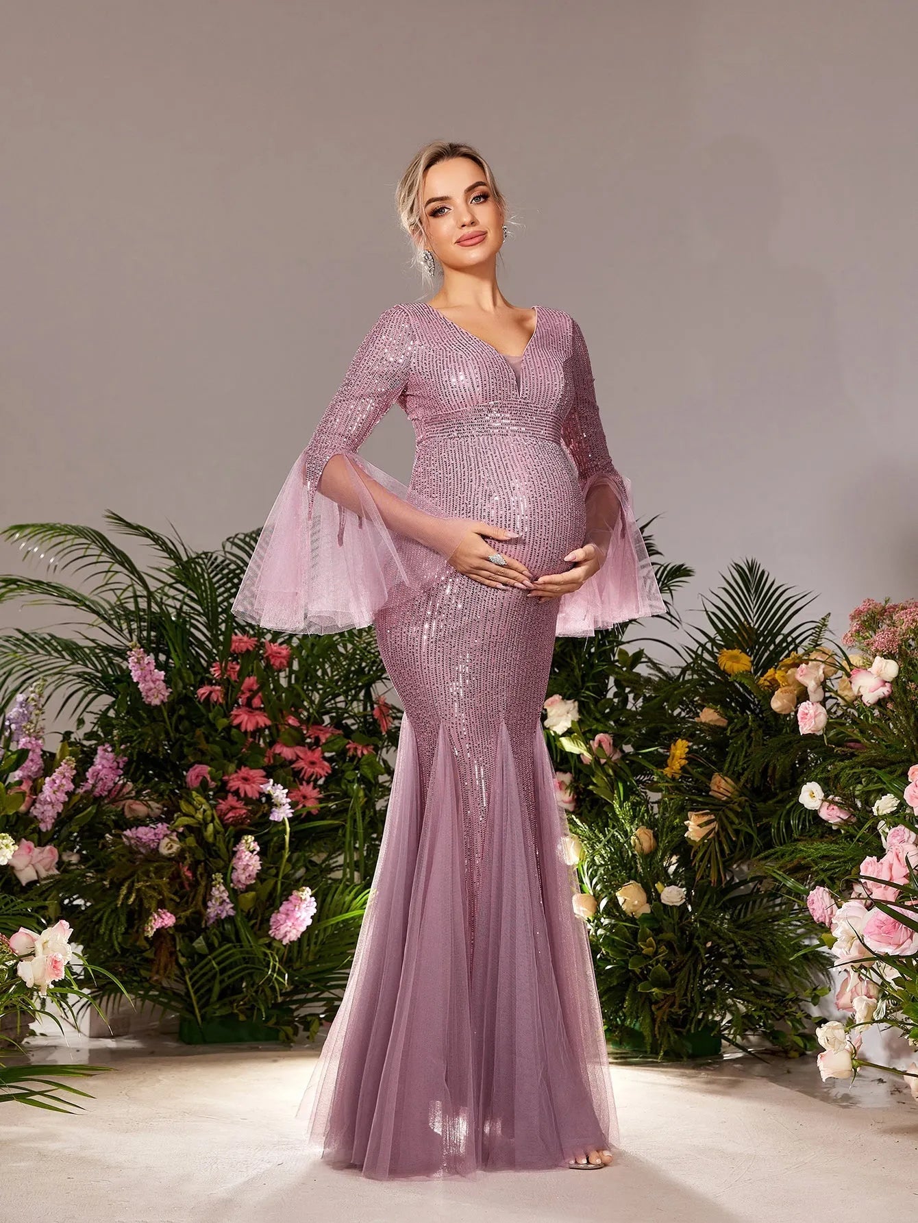 Maternity Plunging Sequin Long-Sleeve Mermaid Evening Gown — authorized product image 5