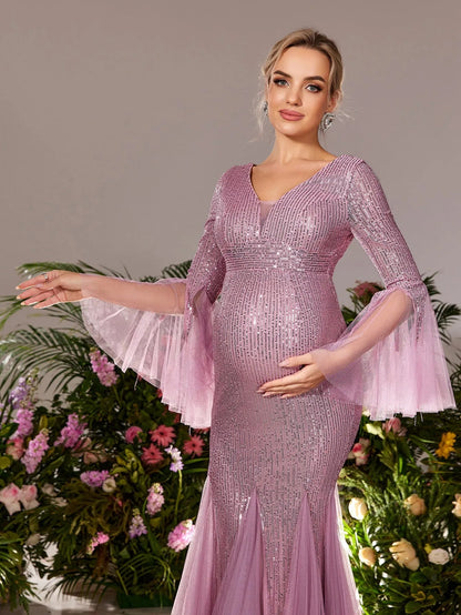 Maternity Plunging Sequin Long-Sleeve Mermaid Evening Gown — authorized product image 6
