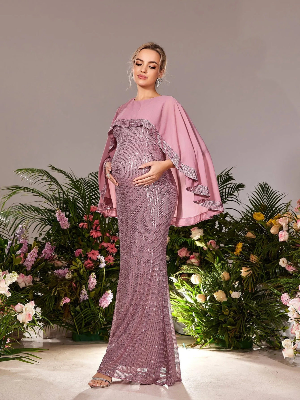 Maternity Round Neck Sequin Cape Mermaid Evening Gown — authorized product image 4
