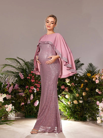 Maternity Round Neck Sequin Cape Mermaid Evening Gown — authorized product image 4