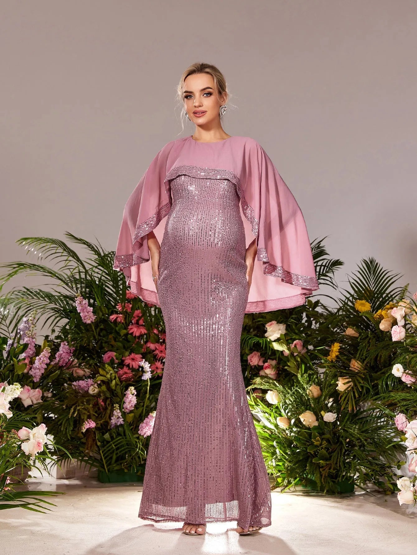 Maternity Round Neck Sequin Cape Mermaid Evening Gown — authorized product image 3