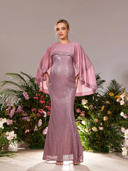 Maternity Round Neck Sequin Cape Mermaid Evening Gown — authorized product image 3