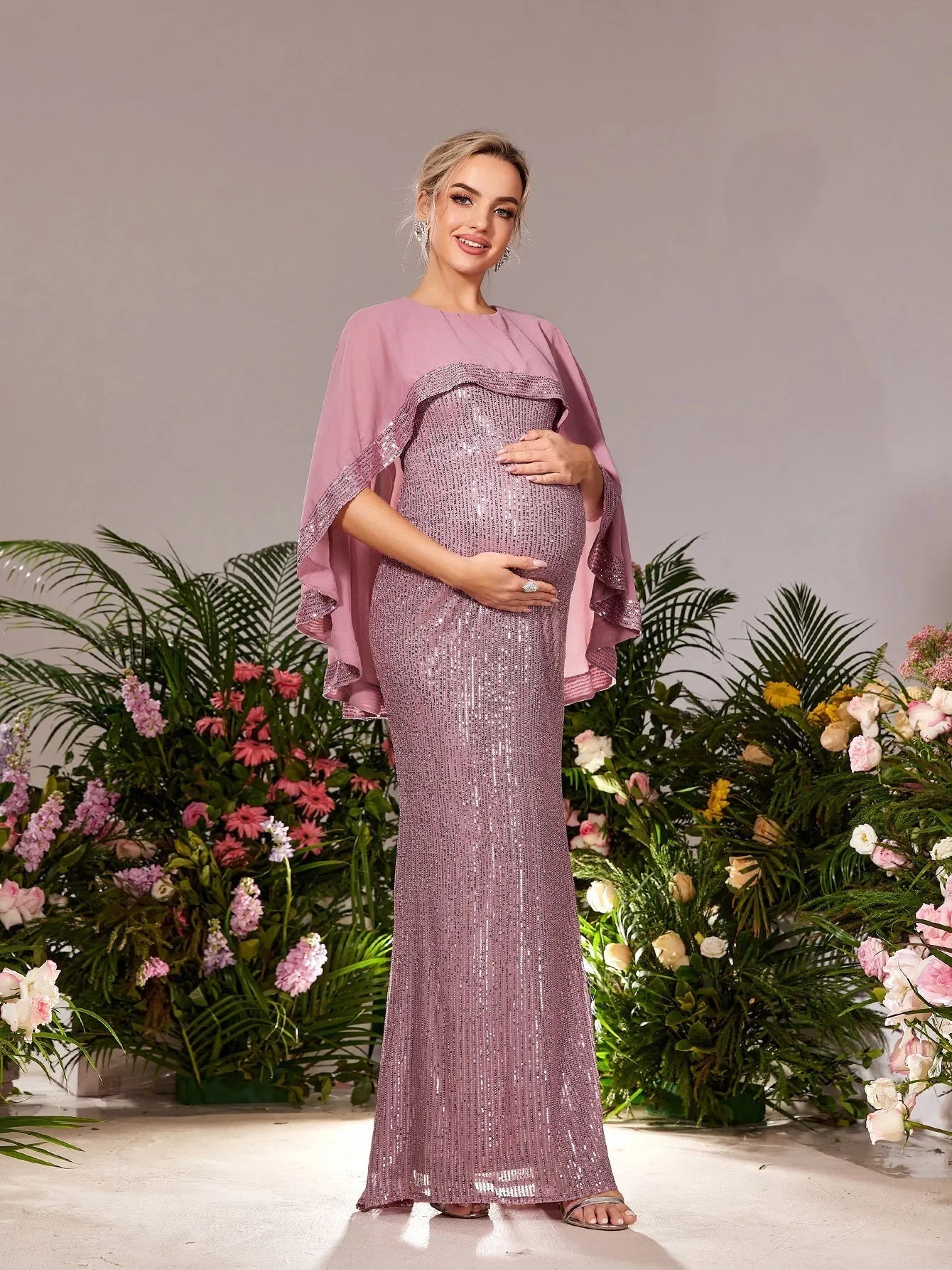 Maternity Round Neck Sequin Cape Mermaid Evening Gown — authorized product image 5