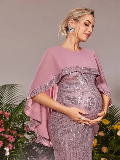 Maternity Round Neck Sequin Cape Mermaid Evening Gown — authorized product image 6