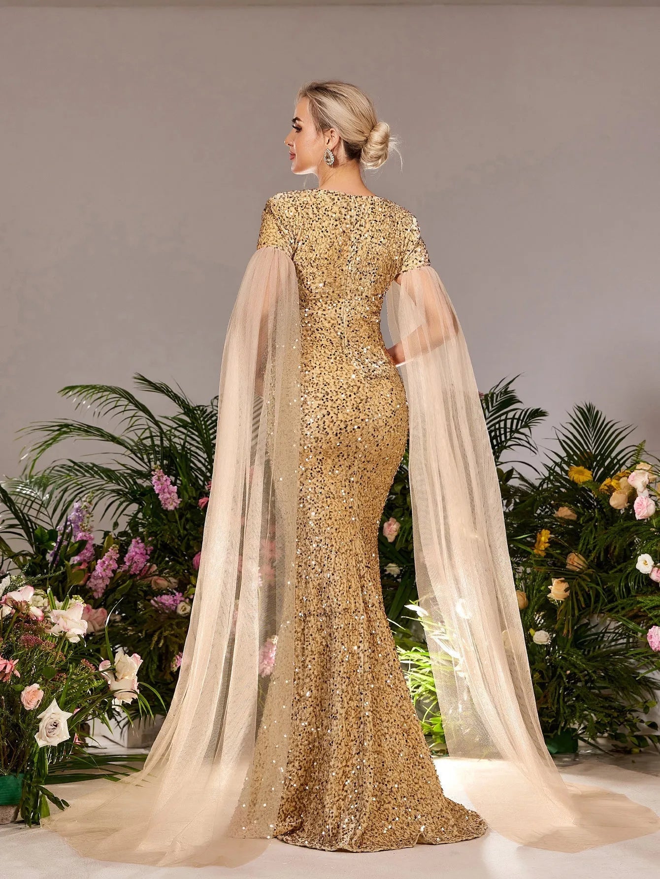 Maternity Square Neck Sequin Cape Mermaid Evening Gown — authorized product image 2