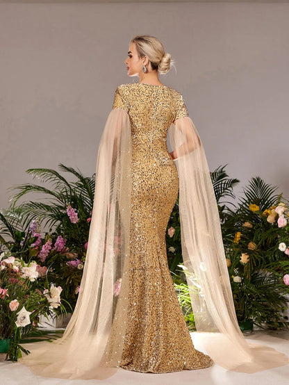 Maternity Square Neck Sequin Cape Mermaid Evening Gown — authorized product image 2