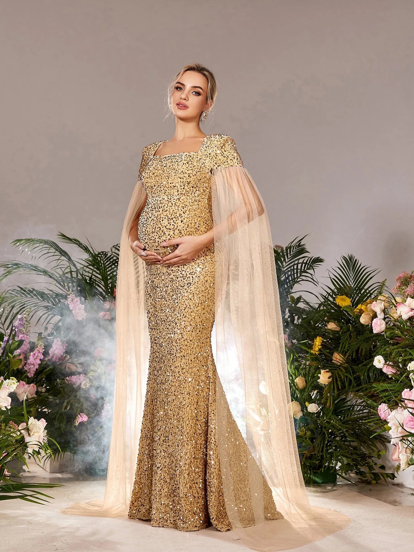 Maternity Square Neck Sequin Cape Mermaid Evening Gown — authorized product image 4