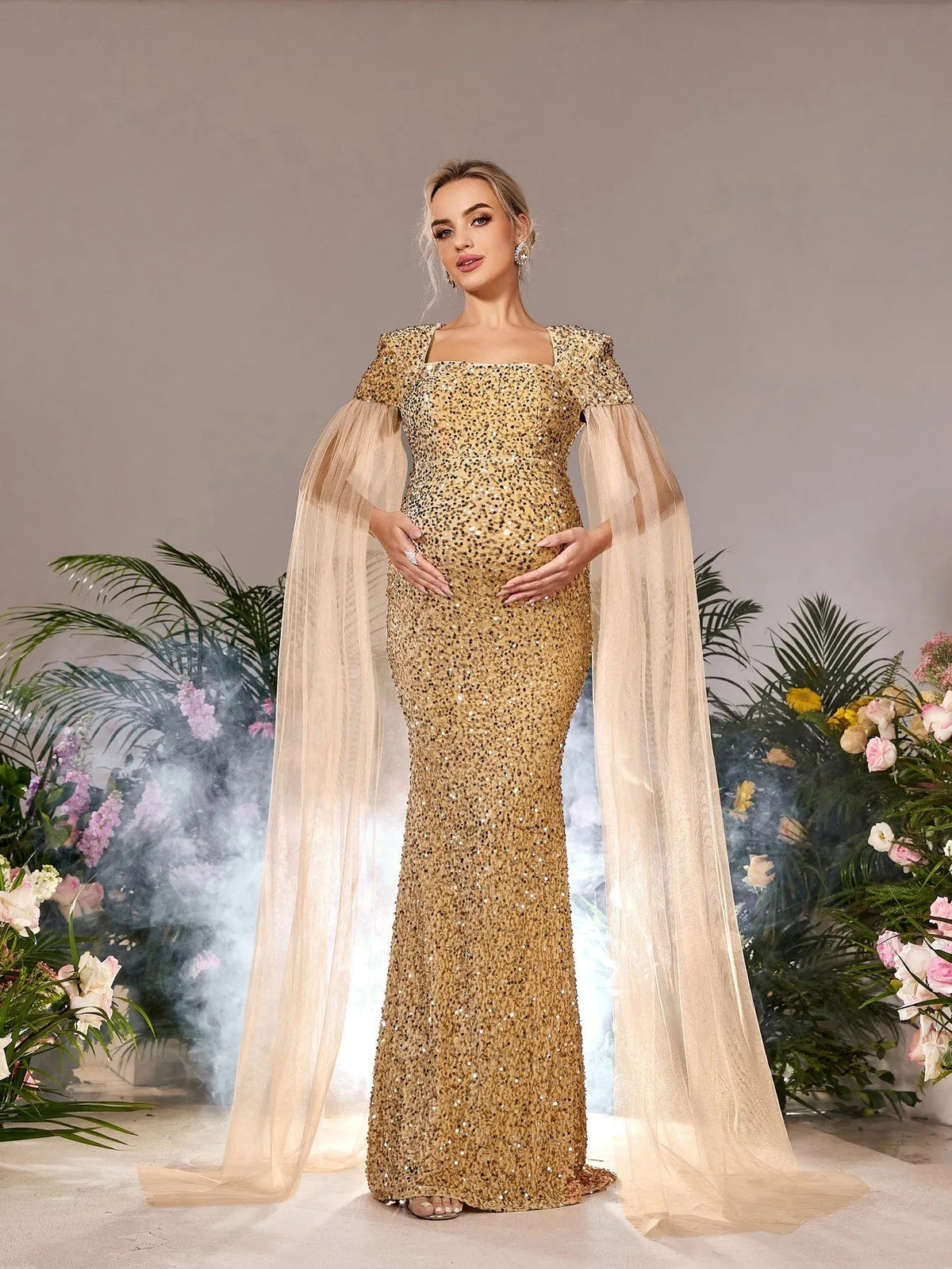 Maternity Square Neck Sequin Cape Mermaid Evening Gown — authorized product image 3