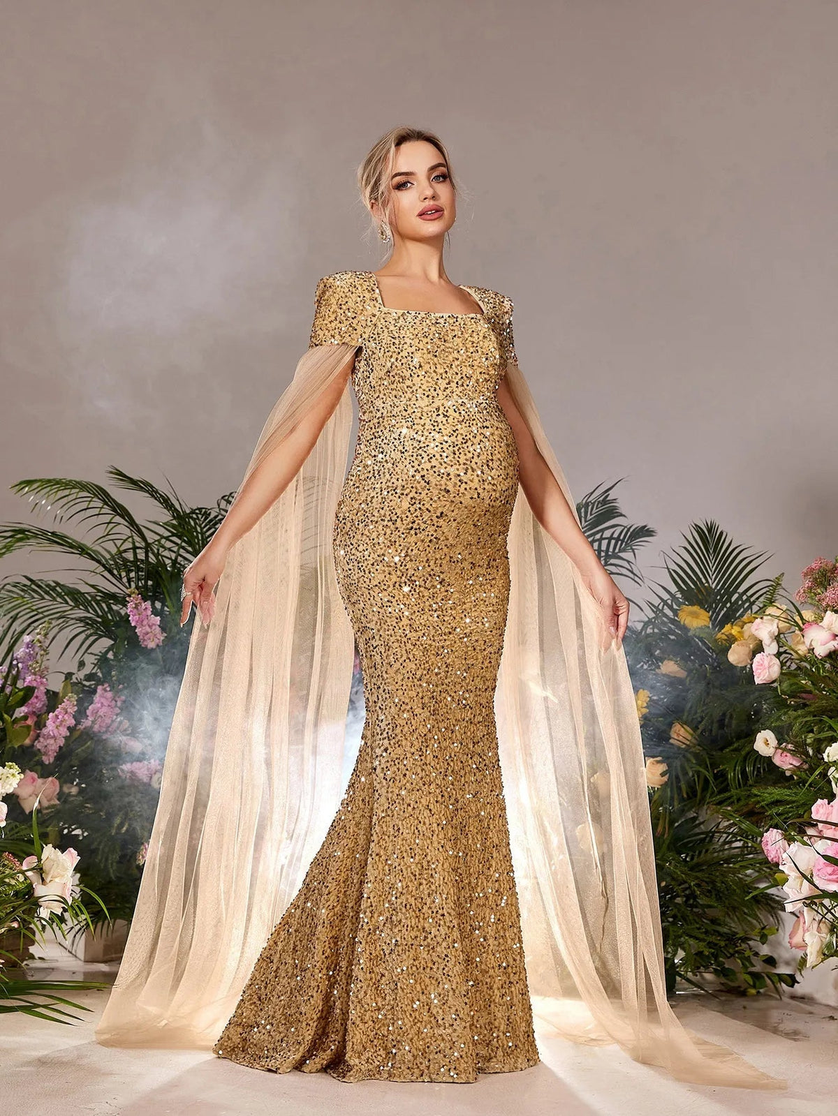 Maternity Square Neck Sequin Cape Mermaid Evening Gown — authorized product image 5