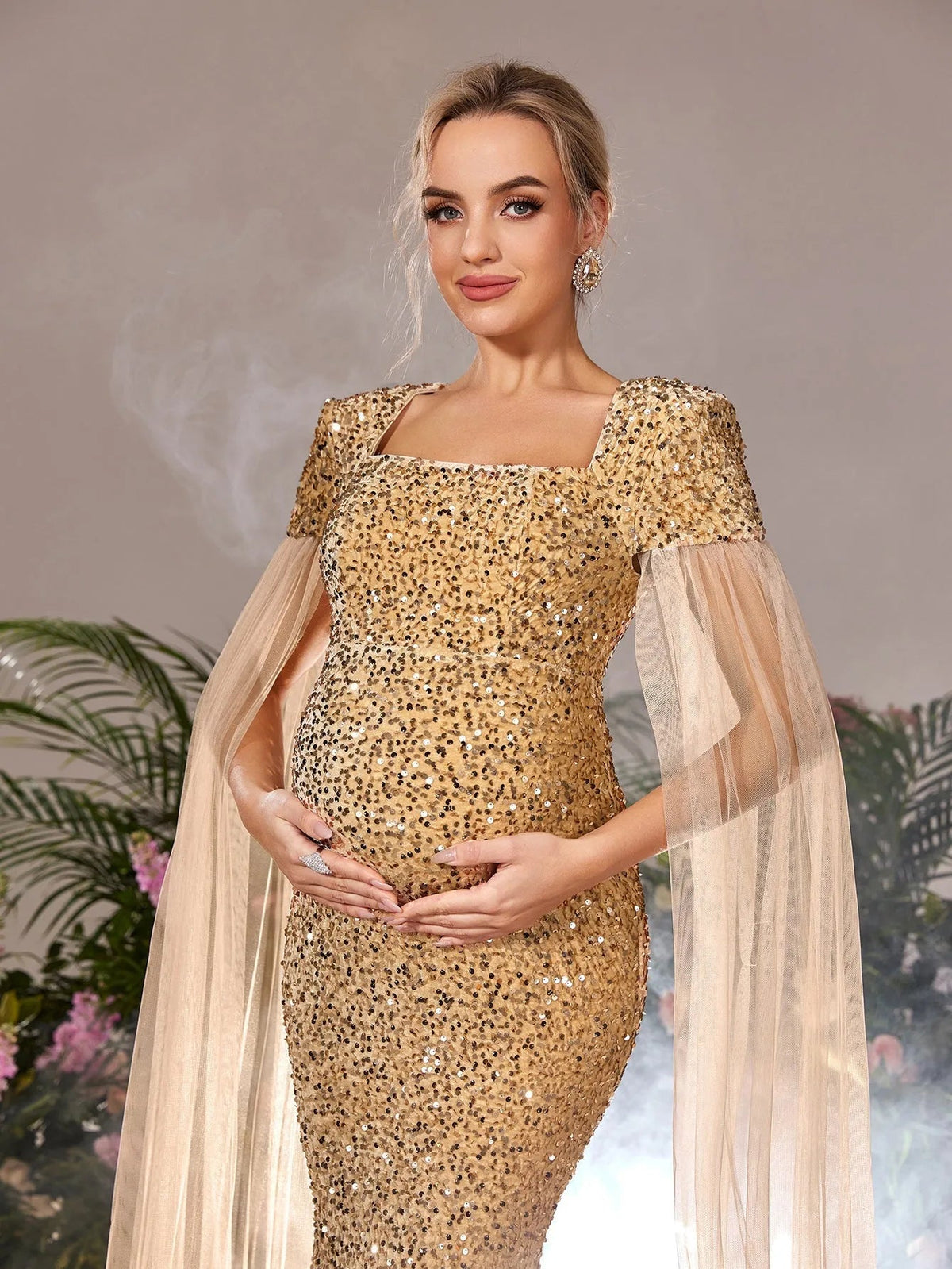 Maternity Square Neck Sequin Cape Mermaid Evening Gown — authorized product image 6
