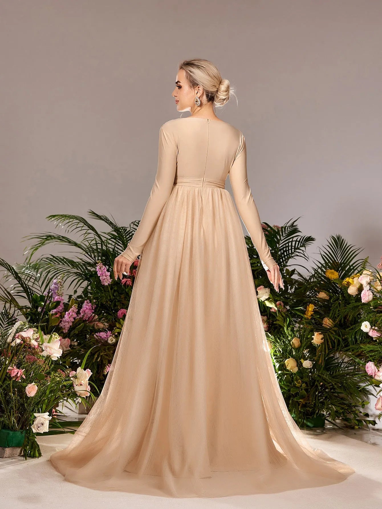 Additional product view of Contrast Mesh Plunging-Neck V-Neck A-Line Long-Sleeve Maternity Evening Dress