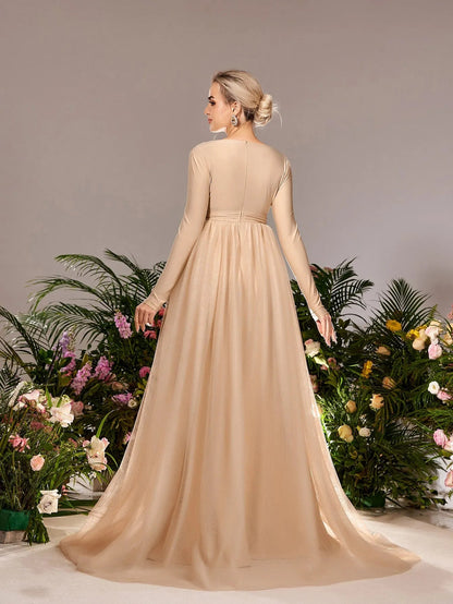 Additional product view of Contrast Mesh Plunging-Neck V-Neck A-Line Long-Sleeve Maternity Evening Dress