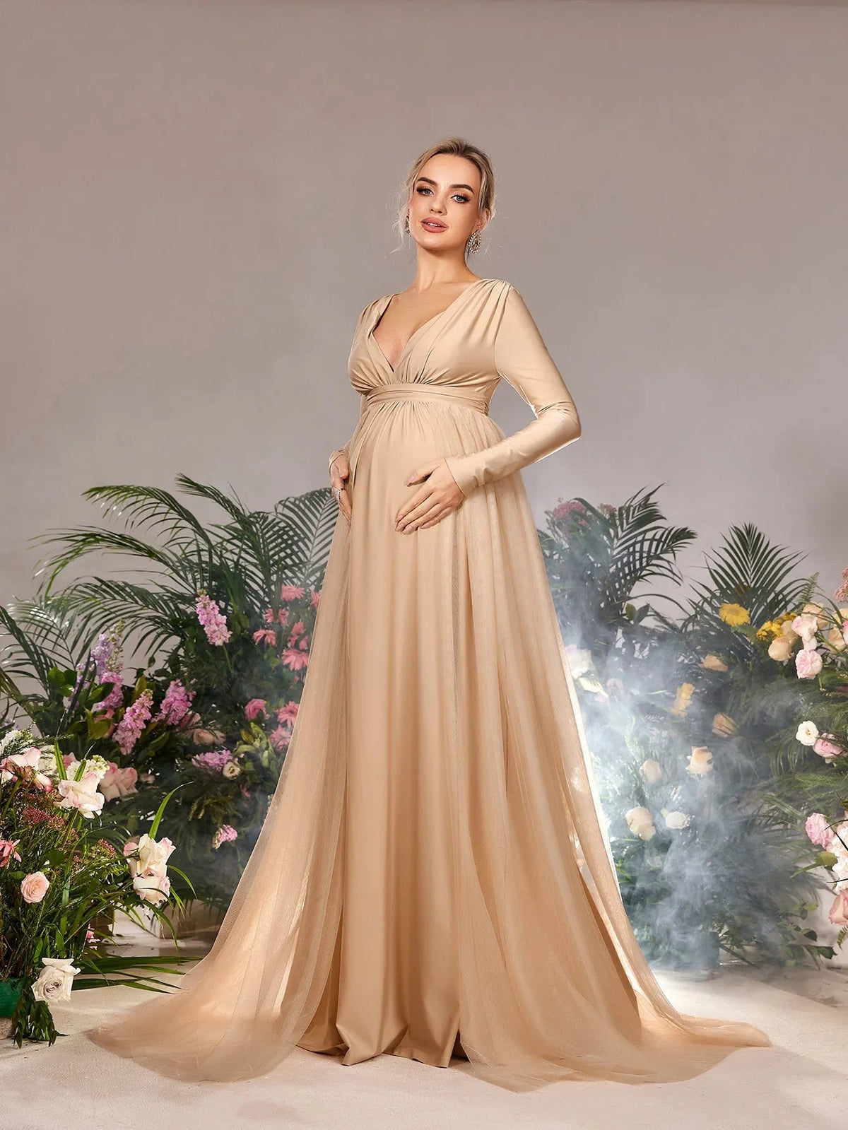Additional product view of Contrast Mesh Plunging-Neck V-Neck A-Line Long-Sleeve Maternity Evening Dress