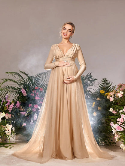 Additional product view of Contrast Mesh Plunging-Neck V-Neck A-Line Long-Sleeve Maternity Evening Dress