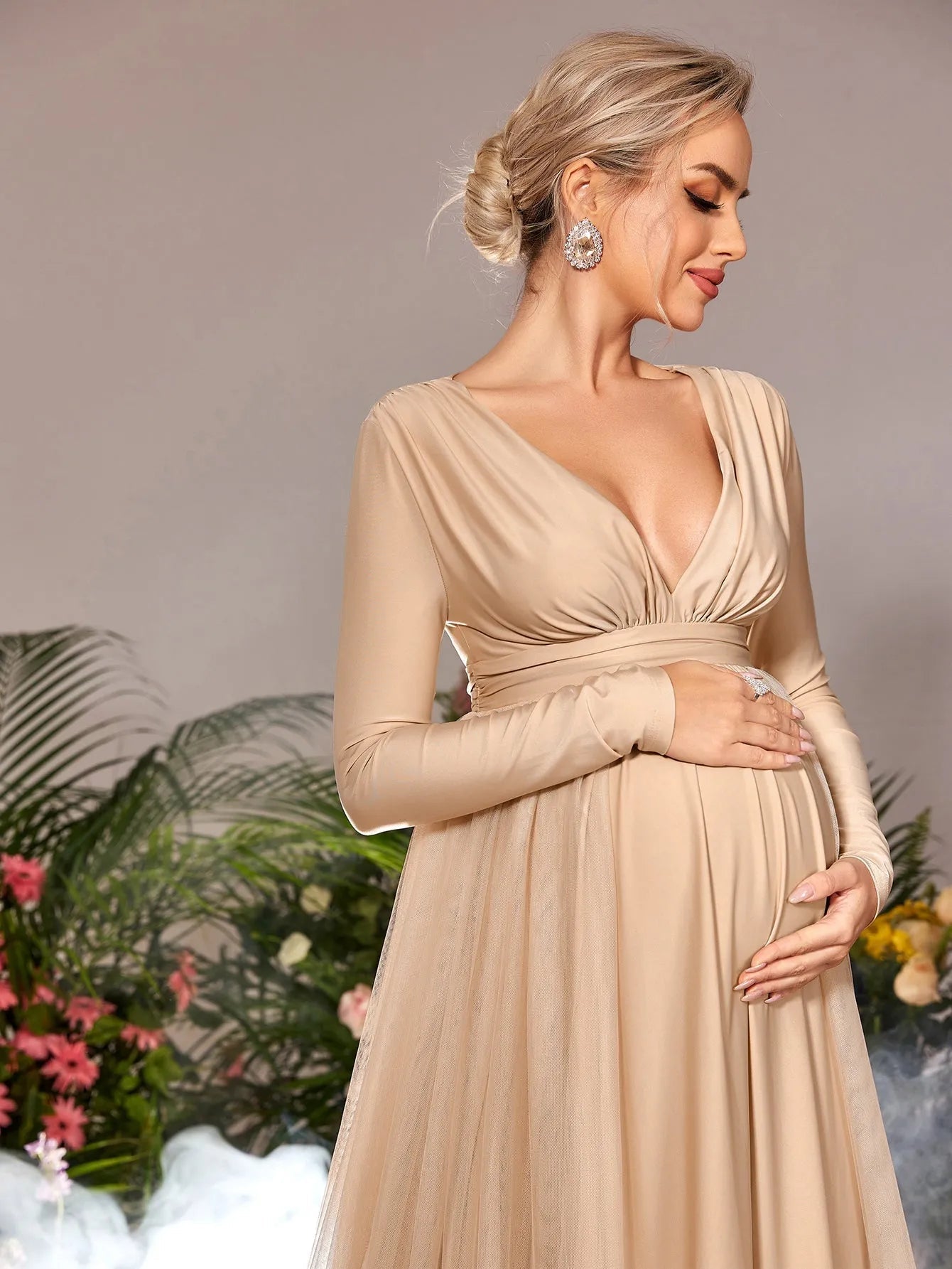 Additional product view of Contrast Mesh Plunging-Neck V-Neck A-Line Long-Sleeve Maternity Evening Dress