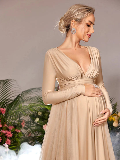 Additional product view of Contrast Mesh Plunging-Neck V-Neck A-Line Long-Sleeve Maternity Evening Dress