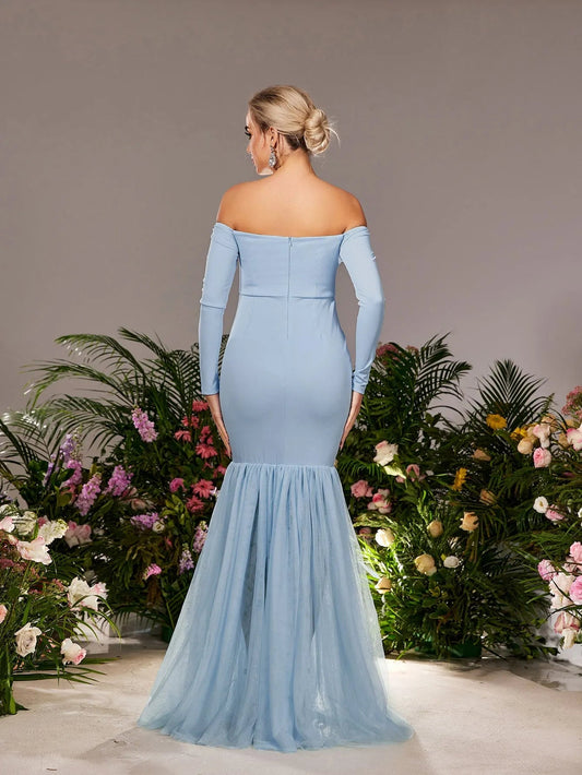 Maternity Off-Shoulder Tulle Long-Sleeve Mermaid Evening Gown — authorized product image 2