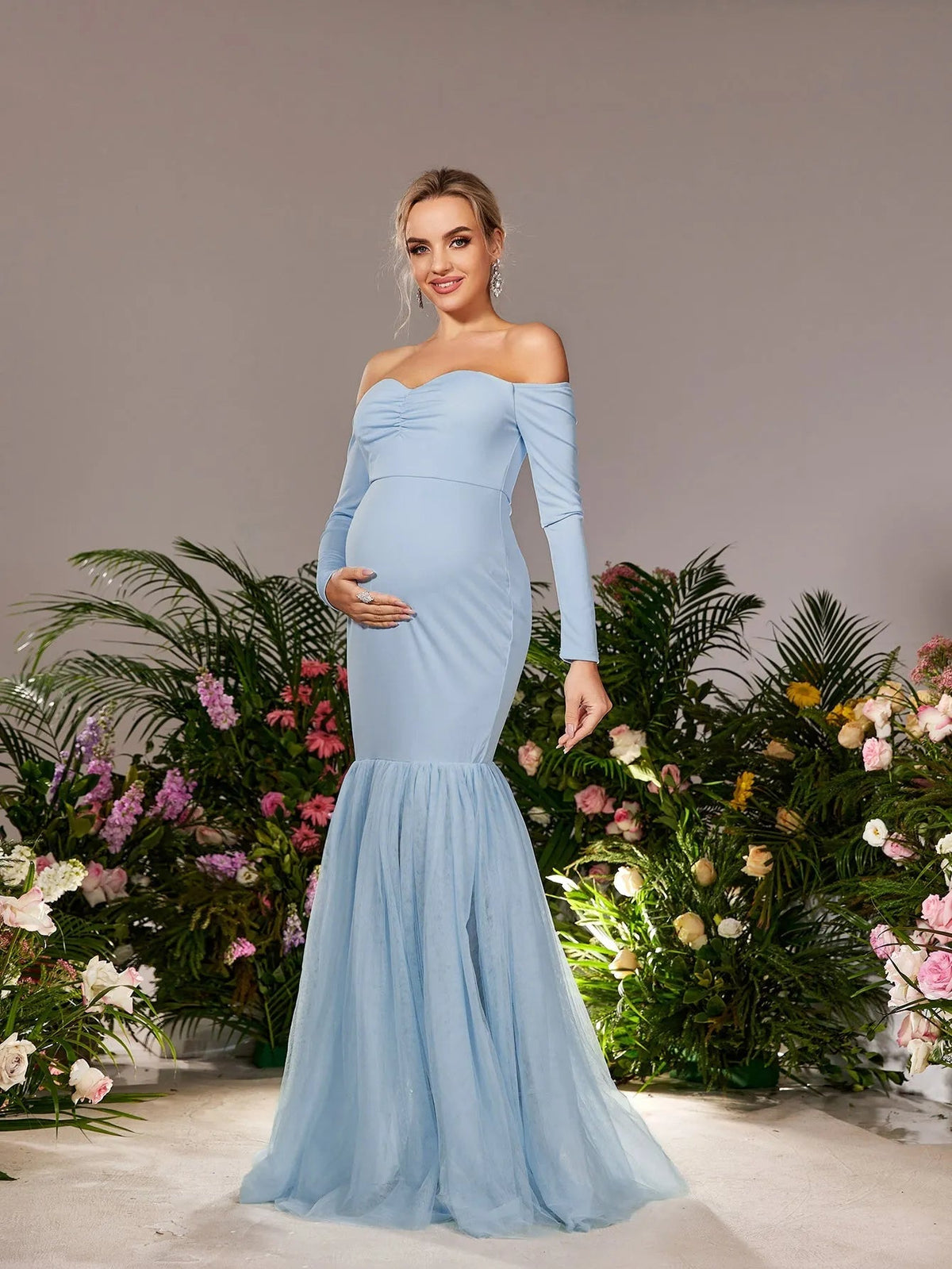 Maternity Off-Shoulder Tulle Long-Sleeve Mermaid Evening Gown — authorized product image 4
