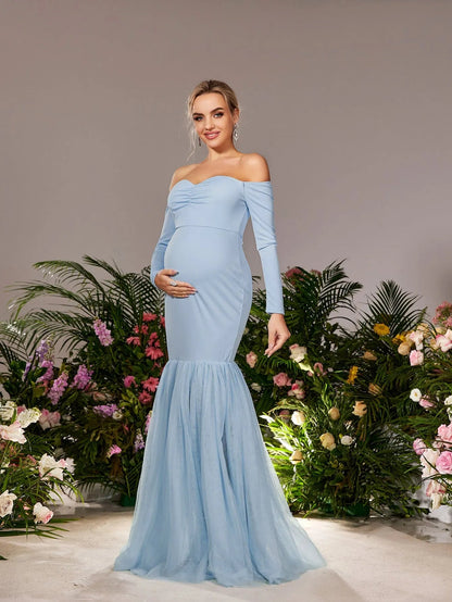 Maternity Off-Shoulder Tulle Long-Sleeve Mermaid Evening Gown — authorized product image 4