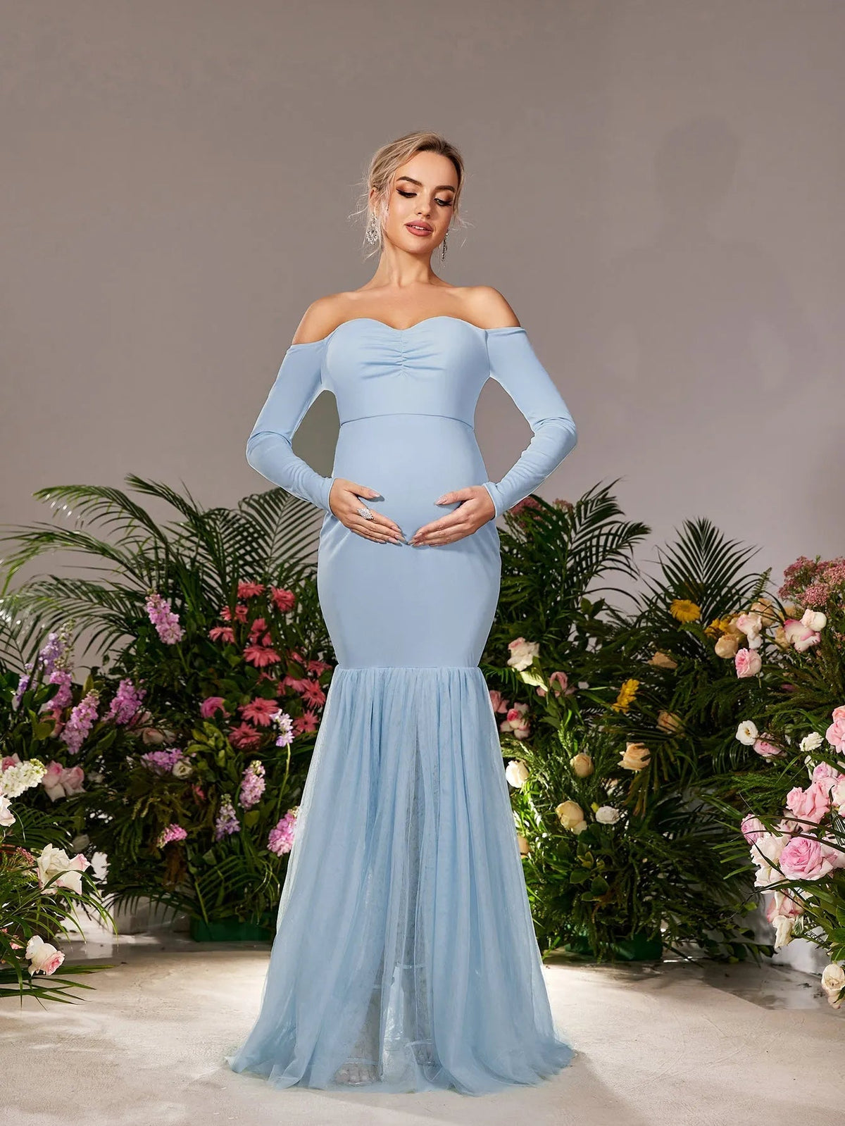 Maternity Off-Shoulder Tulle Long-Sleeve Mermaid Evening Gown — authorized product image 3