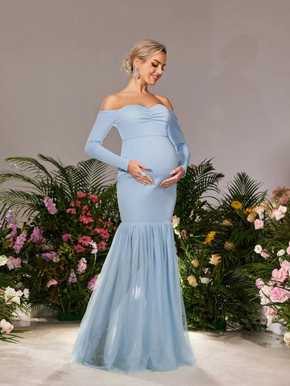 Maternity Off-Shoulder Tulle Long-Sleeve Mermaid Evening Gown — authorized product image 5