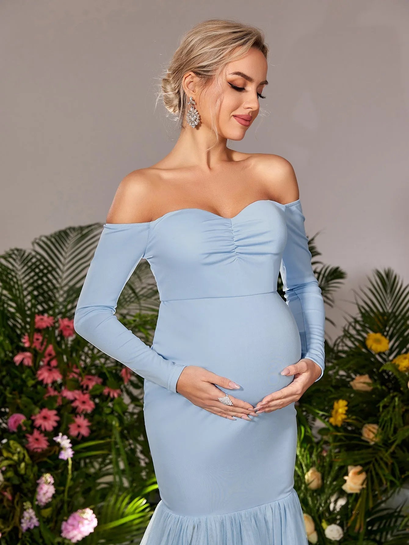 Maternity Off-Shoulder Tulle Long-Sleeve Mermaid Evening Gown — authorized product image 6