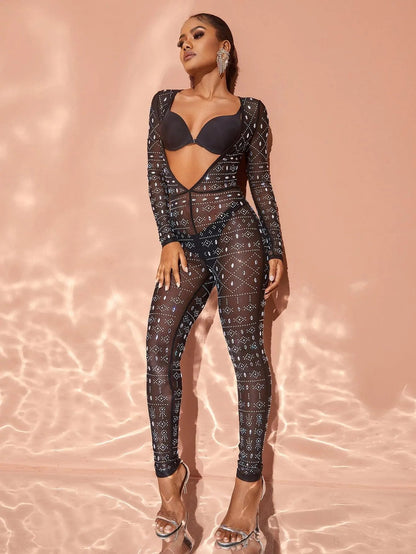 Chic Rhinestone Detail Plunging Neck Sheer Mesh Jumpsuit – view 3