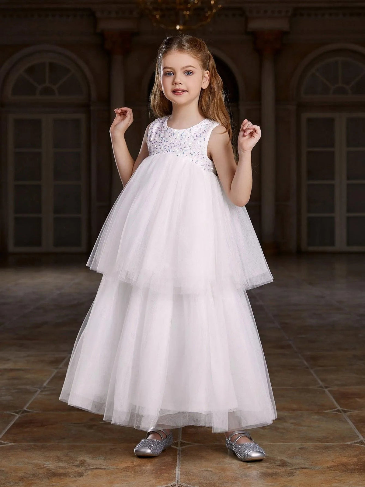 Alternate view of Layered Hem Sequin A-Line Sleeveless Mesh Tween Girls' Party Dress in White