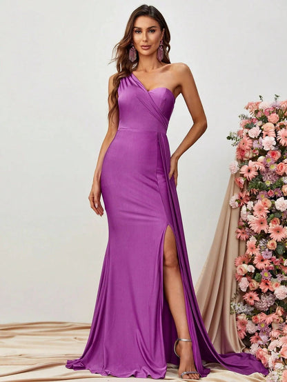 Additional product view of Draped Side High-Slit One-Shoulder Knit Mermaid Evening Gown