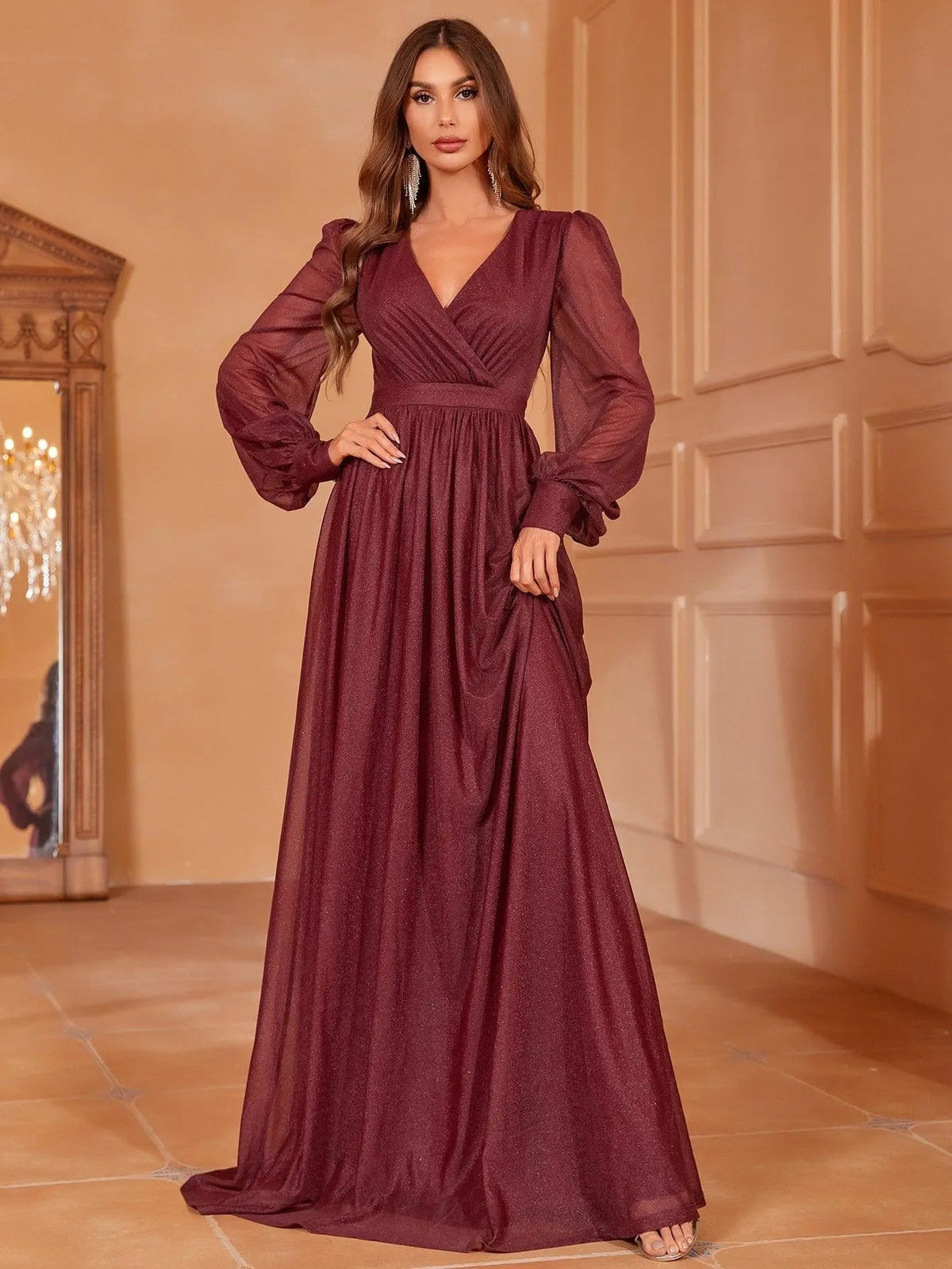 Additional product view of V-Neck Chiffon A-Line Long-Sleeve Maxi Evening Gown