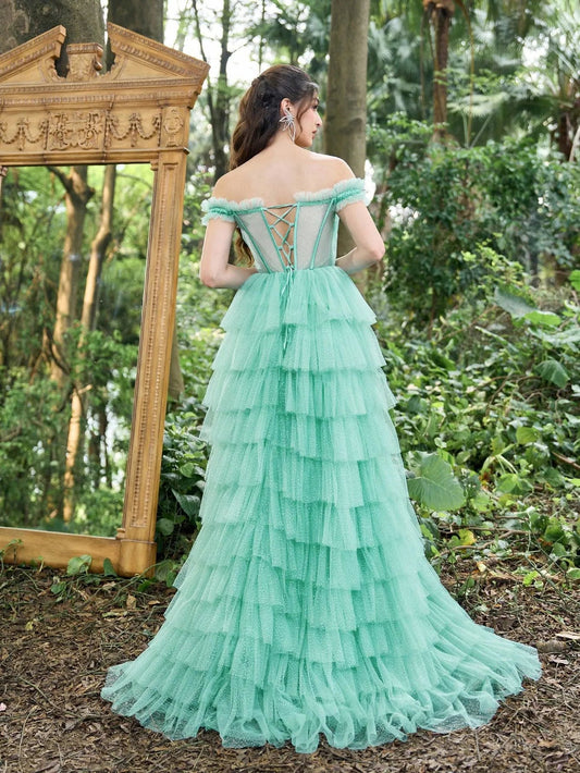 Gorgeous Off-Shoulder Applique Detail Bodice Cascading Ruffle Hem Prom Dress – view 2