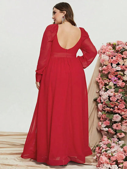 Plus Sweetheart Neck Backless Long Sleeve Chiffon A line Dress