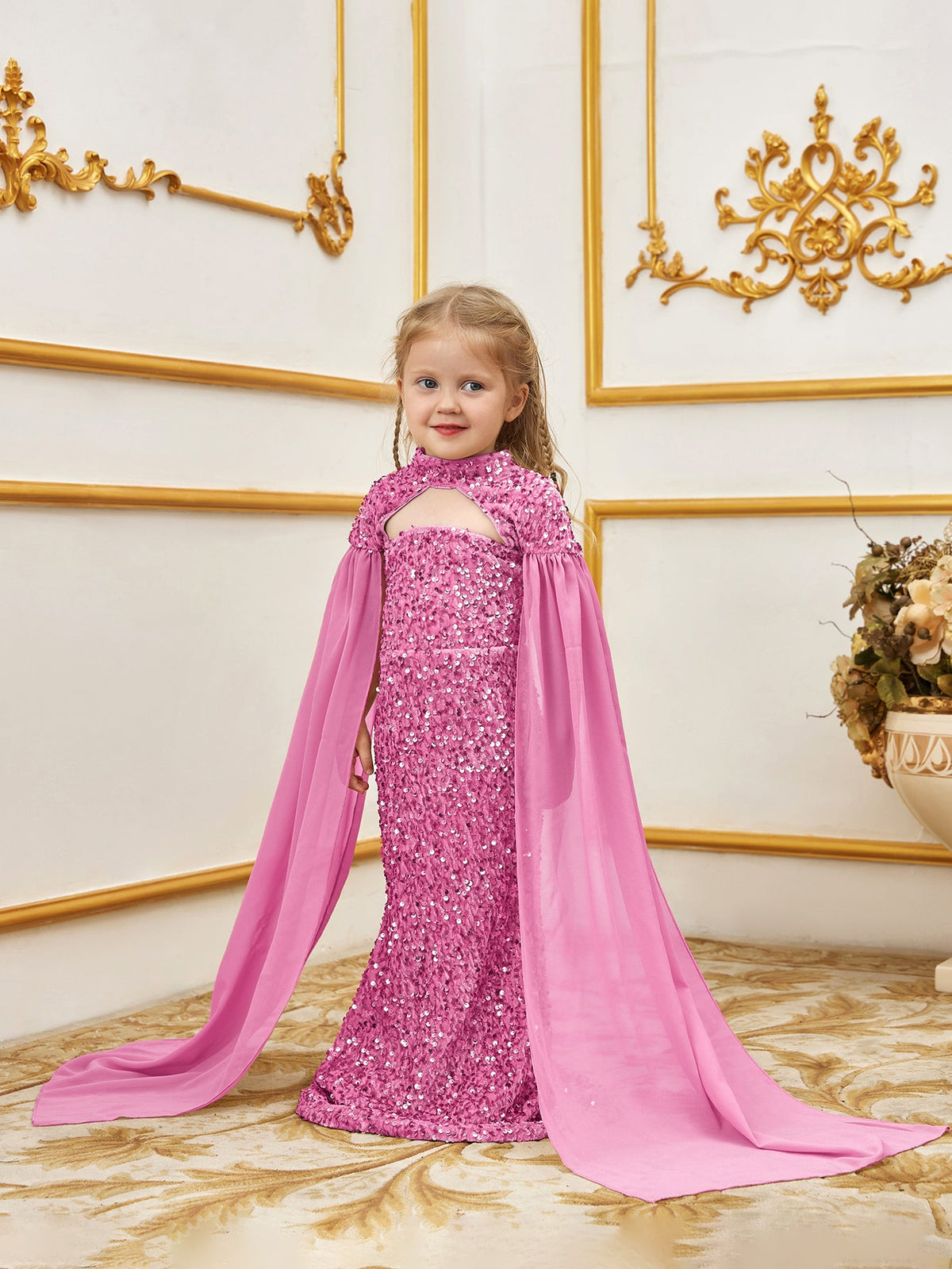 Cape-Sleeve Mock-Neck Sequin Mermaid Maxi Young Girls' Party Dress in Pink