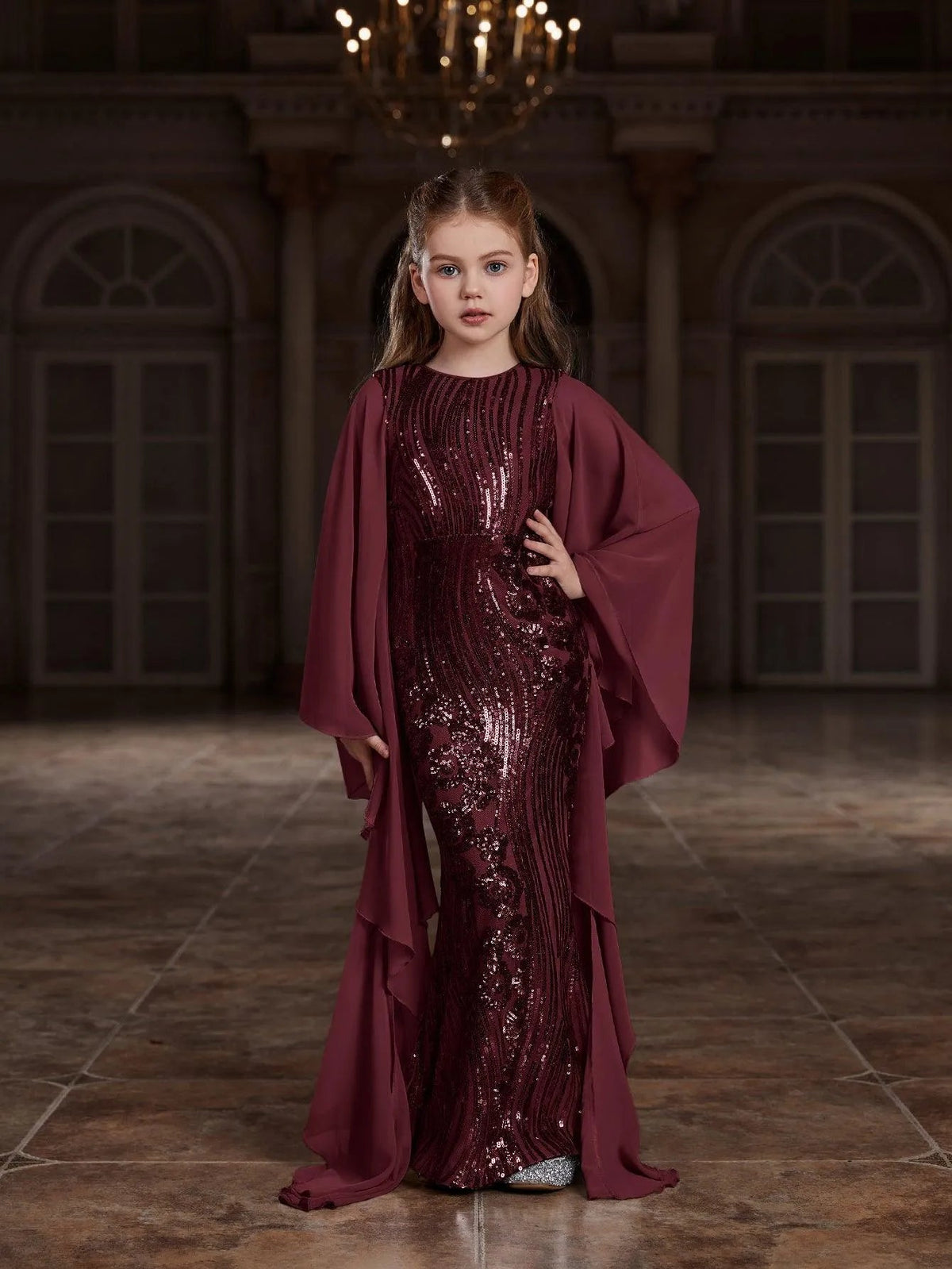 Tween Girls' Round Neck Sequin Long-Sleeve Mermaid Formal Gown — authorized product image 9