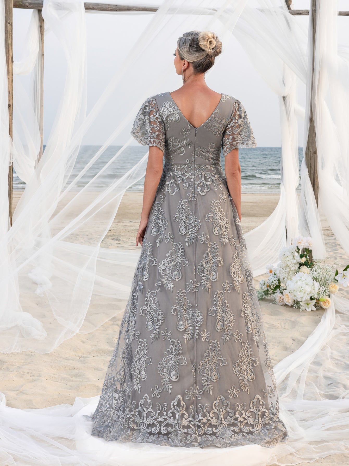 Additional product view of Lace V-Neck Short-Sleeve A-Line Maxi Mother-of-the-Bride Dress
