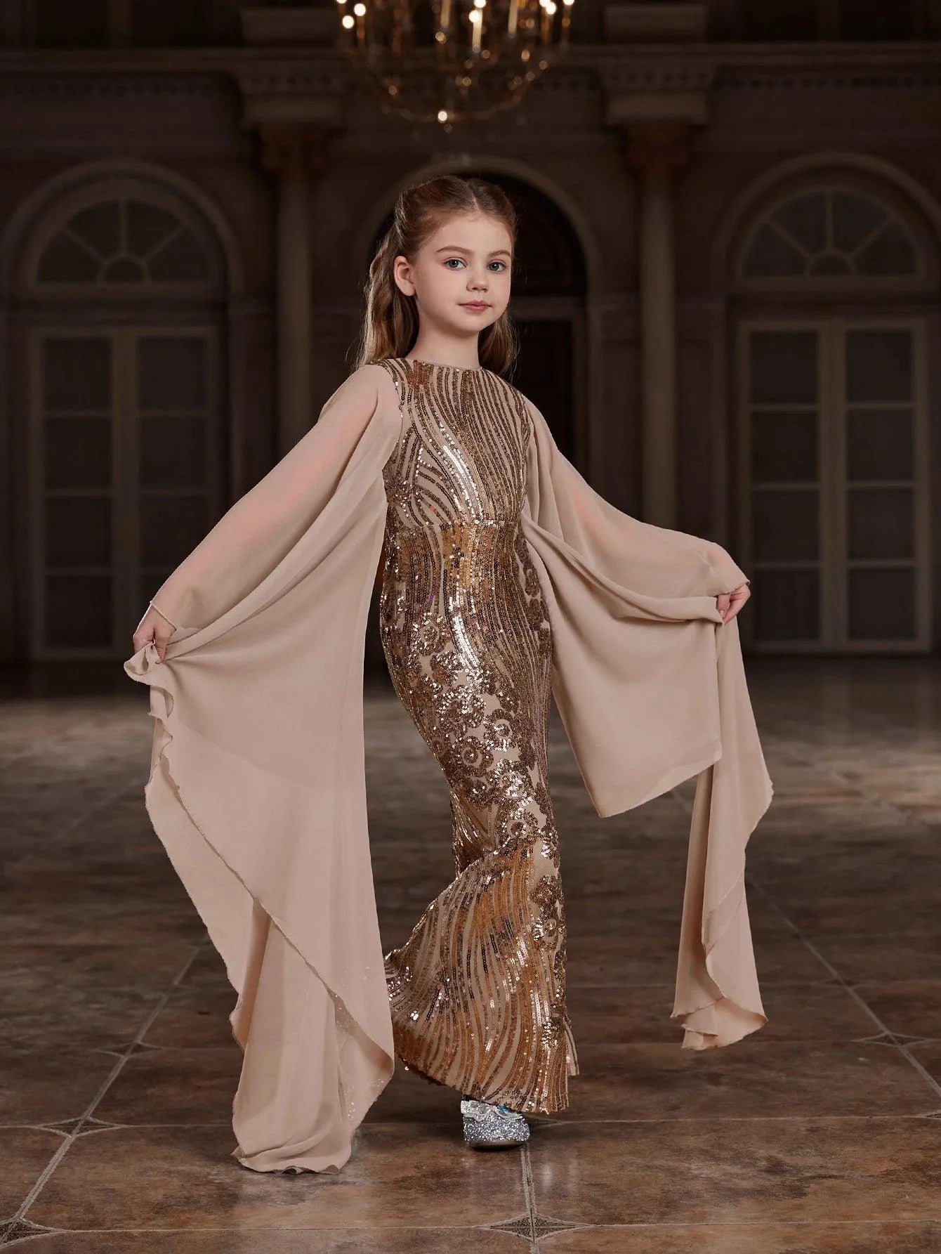 Tween Girls' Round Neck Sequin Long-Sleeve Mermaid Formal Gown — authorized product image 5