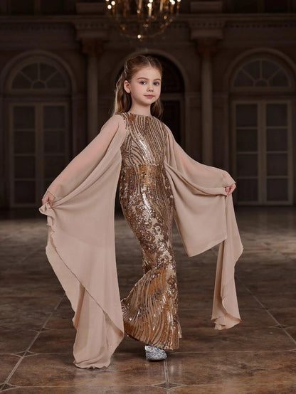 Tween Girls' Round Neck Sequin Long-Sleeve Mermaid Formal Gown — authorized product image 5