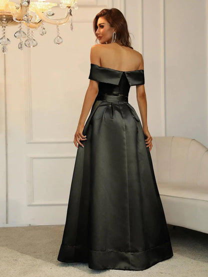 Additional product view of Belted Off-Shoulder Satin High-Slit A-Line Evening Gown