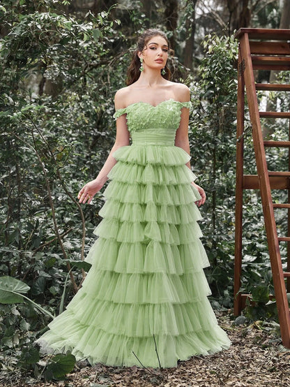 Off-Shoulder Applique Bodice Cascading Ruffle Hem Prom Dress — authorized product image 7