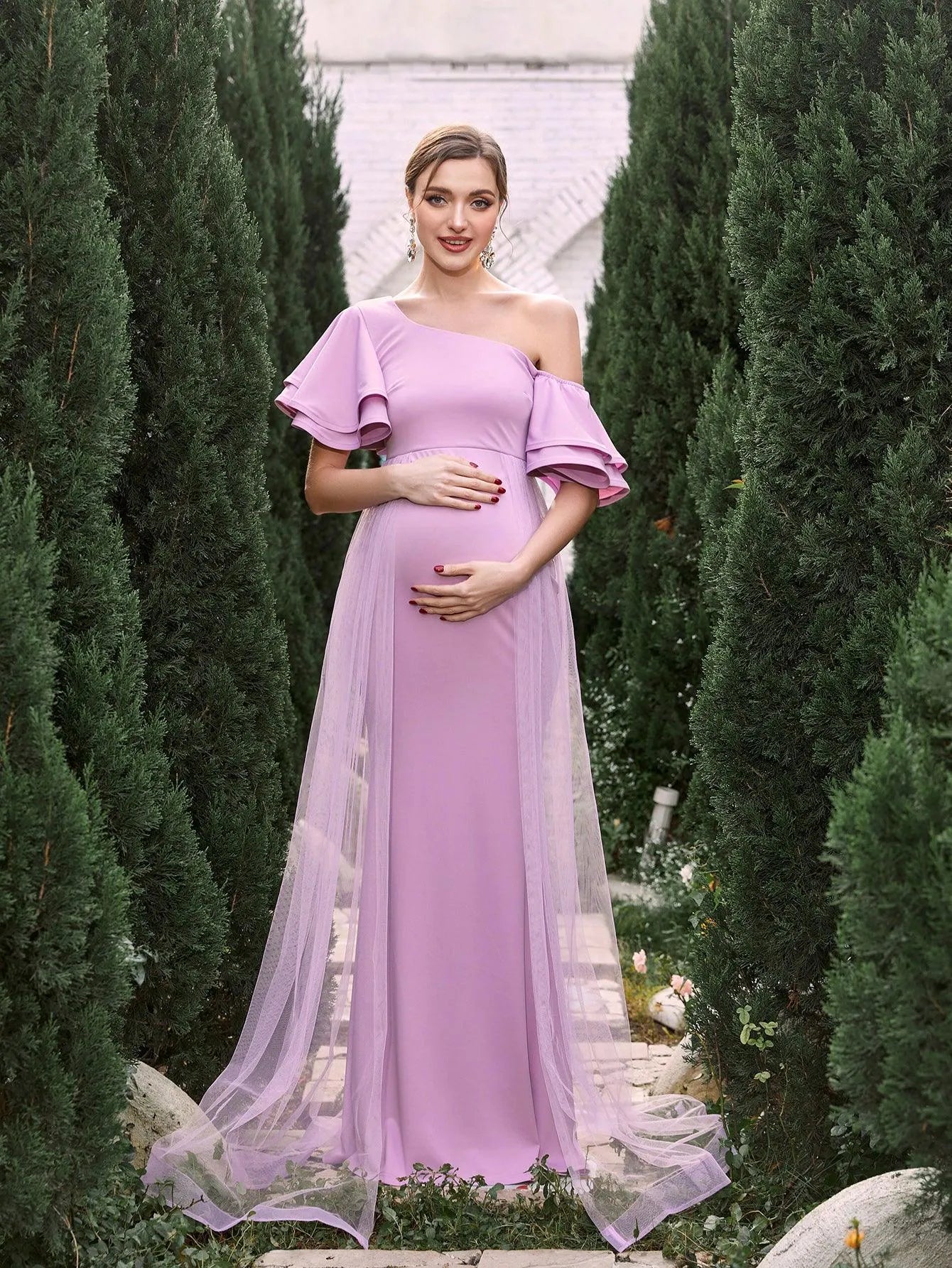 Maternity Asymmetrical Collar Ruffle Sleeves Mermaid Dress – view 4
