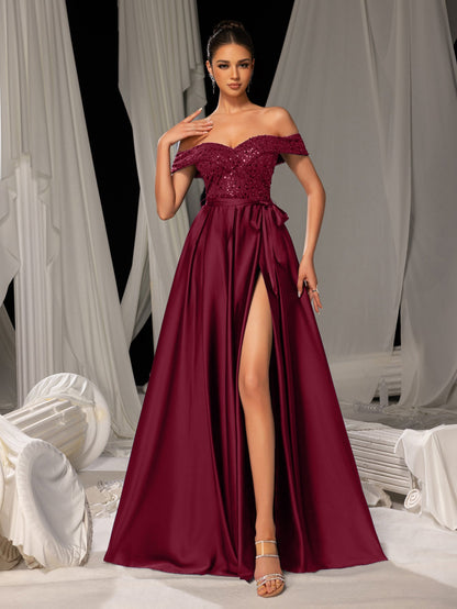 Elegant Off-Shoulder Evening Gown with Sequin Embellishments – High Slit Satin Skirt & Back Zipper for Luxury Weddings or Evening Glam, XS-XL