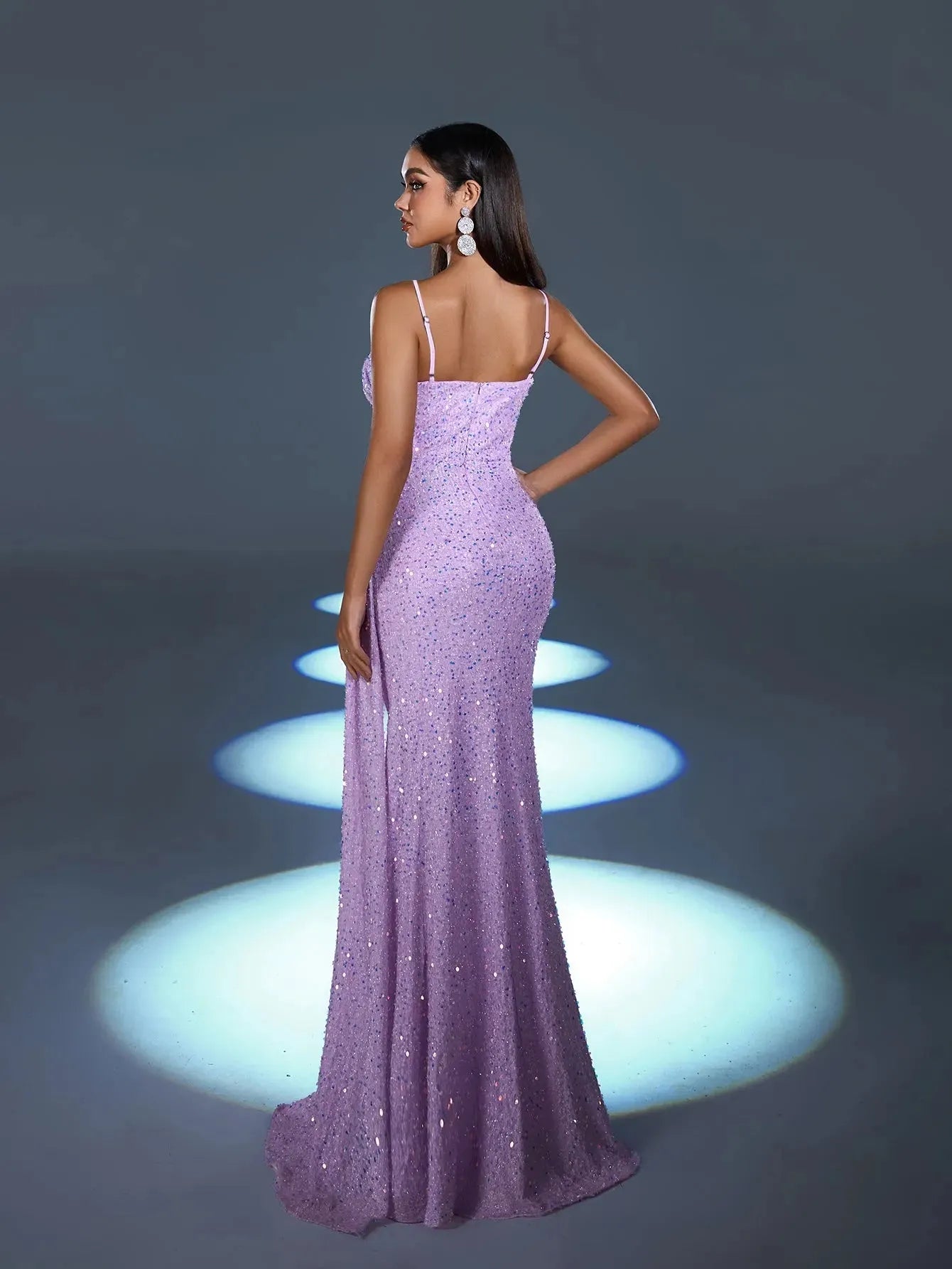Additional product view of Asymmetrical Spaghetti Strap Sequin Mermaid Sleeveless Evening Gown