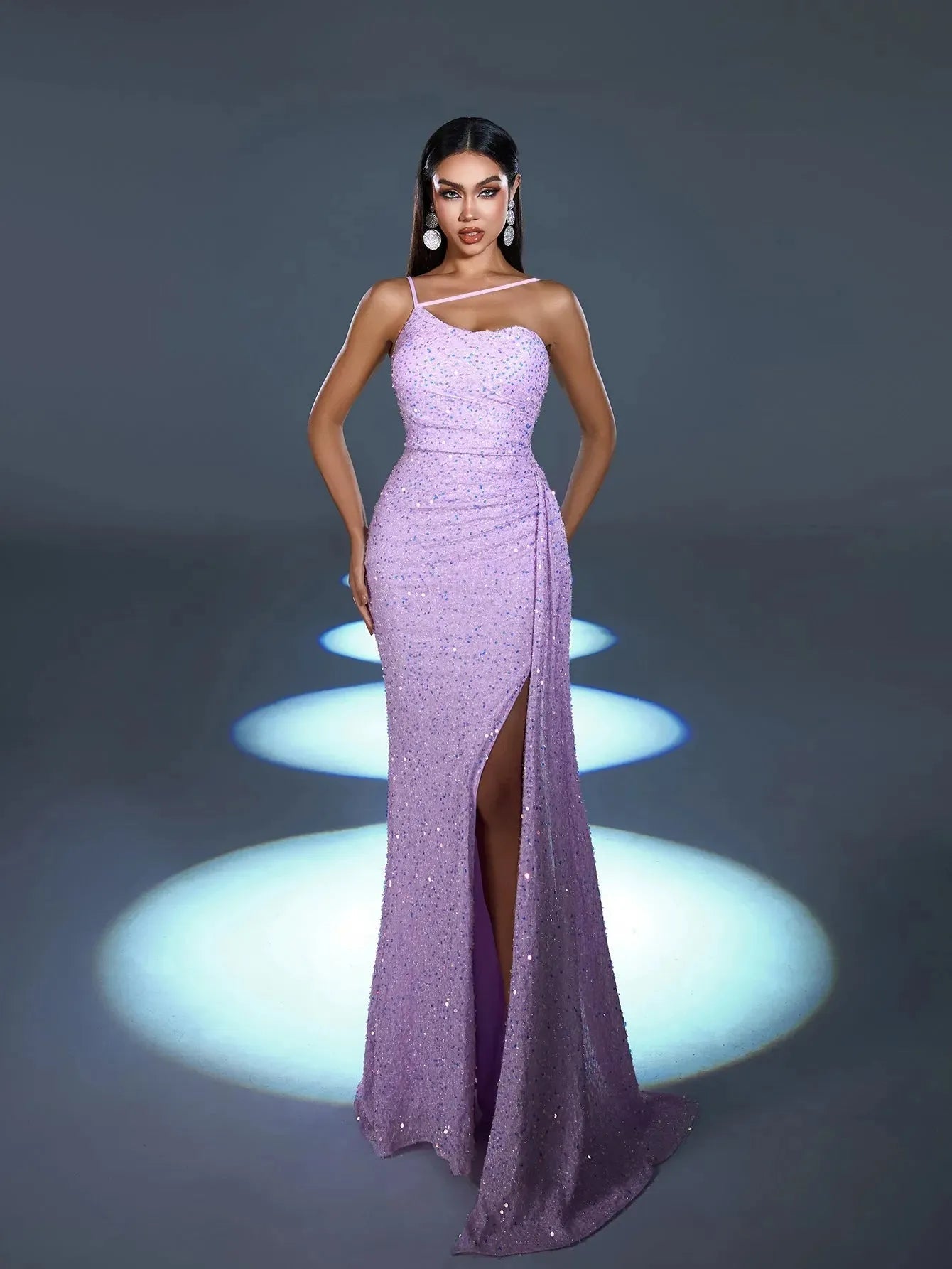 Additional product view of Asymmetrical Spaghetti Strap Sequin Mermaid Sleeveless Evening Gown