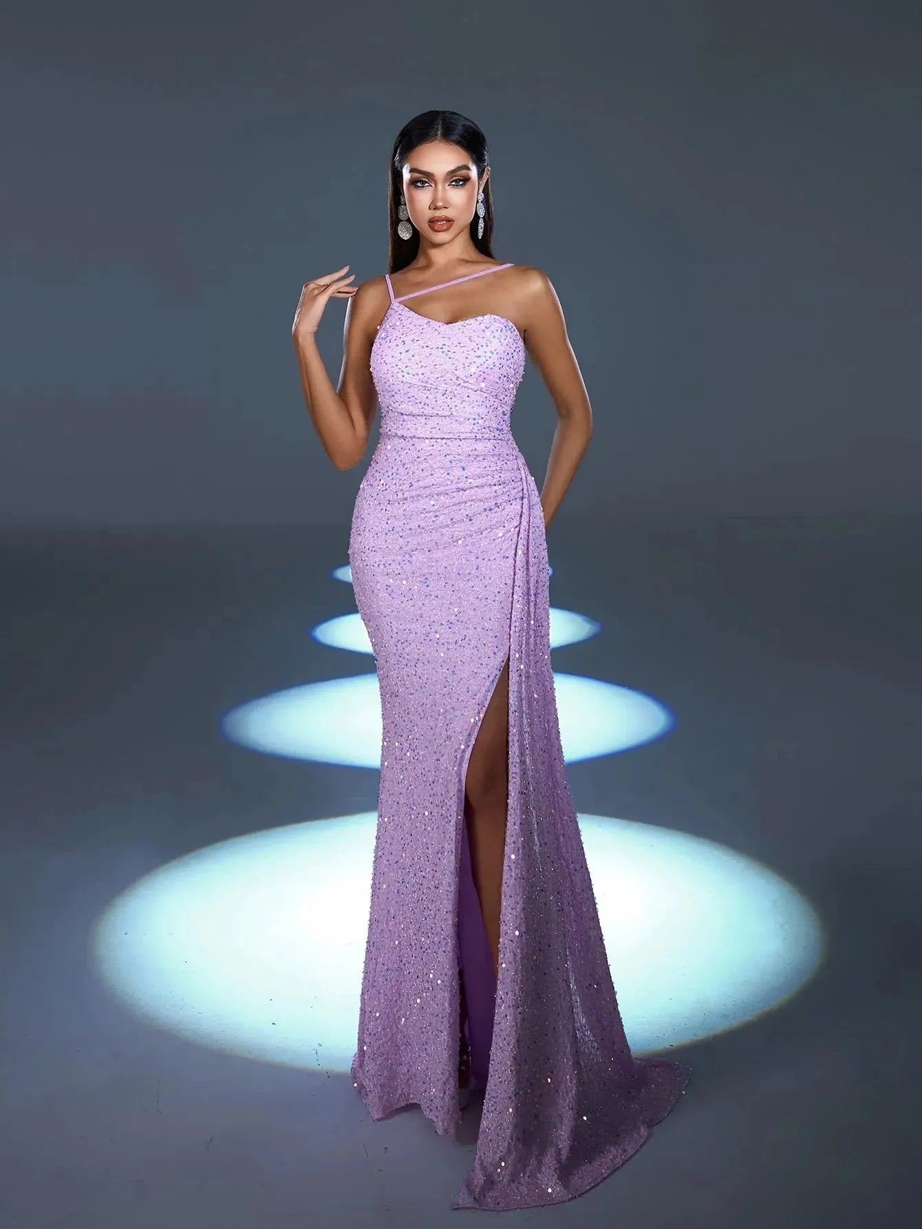Additional product view of Asymmetrical Spaghetti Strap Sequin Mermaid Sleeveless Evening Gown