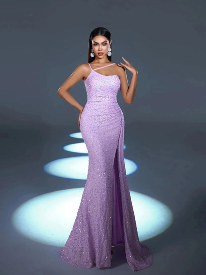Additional product view of Asymmetrical Spaghetti Strap Sequin Mermaid Sleeveless Evening Gown