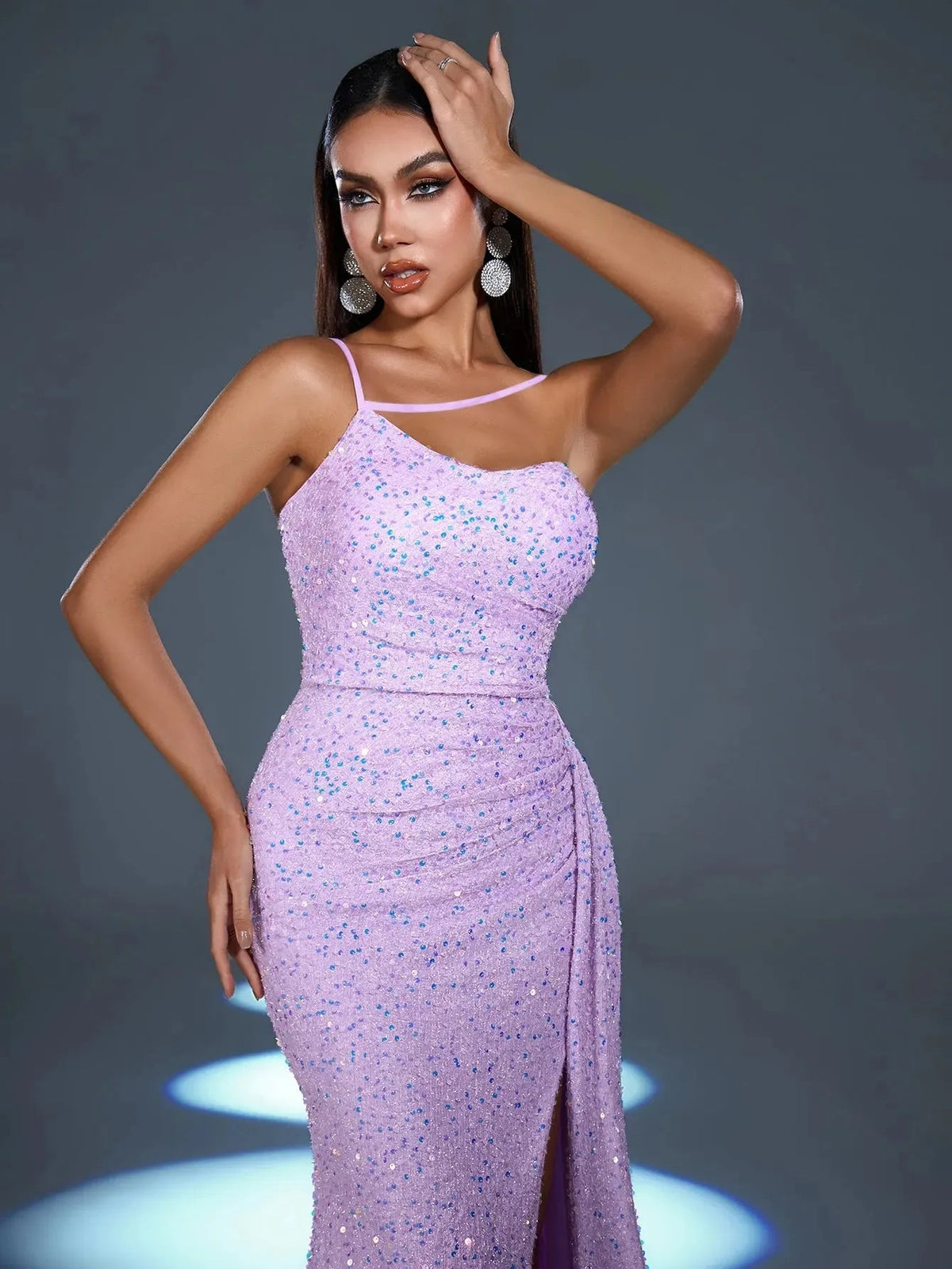 Additional product view of Asymmetrical Spaghetti Strap Sequin Mermaid Sleeveless Evening Gown