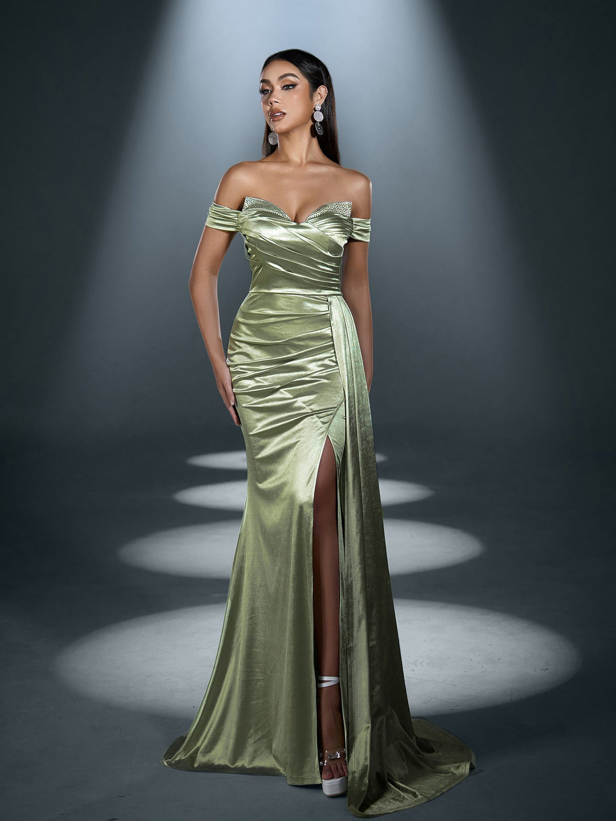Elegant Satin Off-Shoulder Mermaid Gown | Sculpted Ruching & High Thigh Slit – view 12